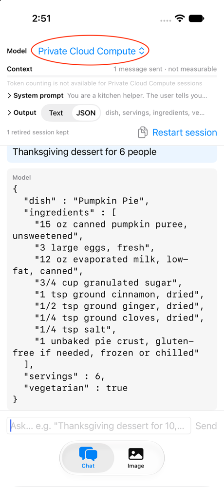 Private Cloud Compute returning nine ingredients with forms and dietary detail